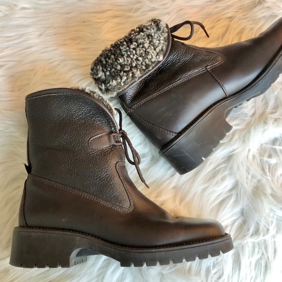 L.L. Bean Shoes - LL Bean | Brown Leather Shearling Foldover Boots Lace Up